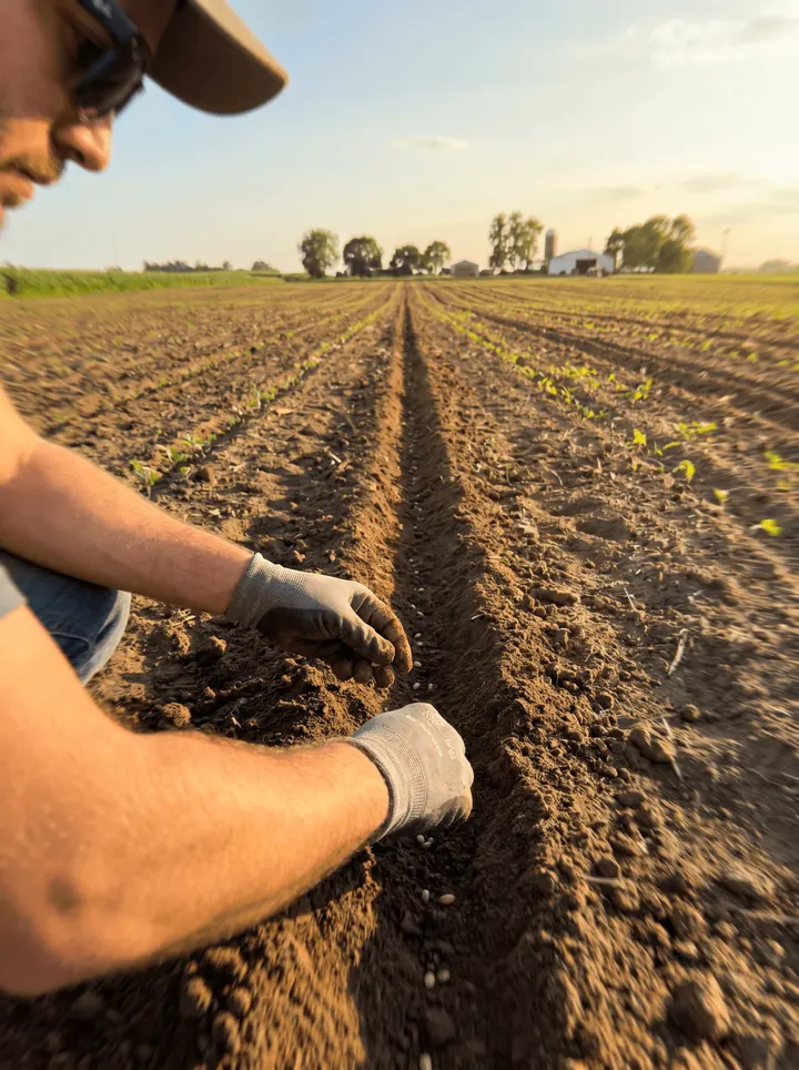 Hands over rows of crops in an open field