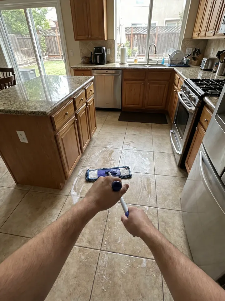 Mopping the floor of a home kitchen