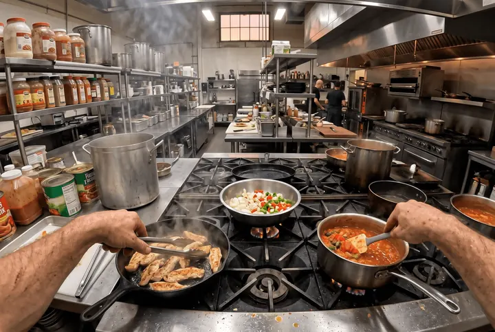 A commercial kitchen in first person, with stock pots on the stove and cooks at work