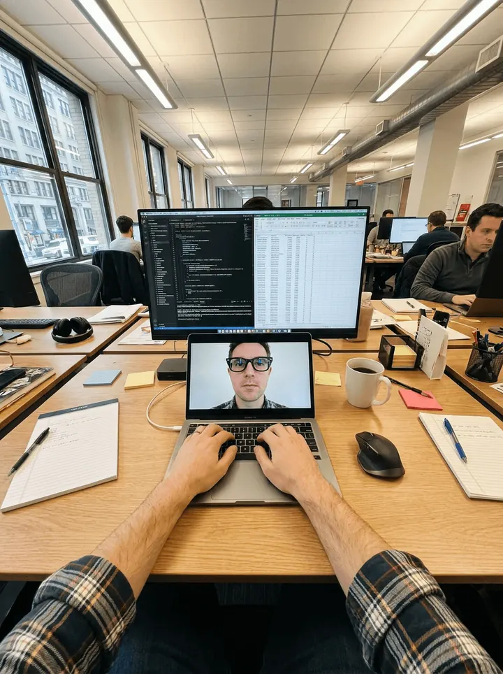 An open office seen from a desk, with monitors and a video call