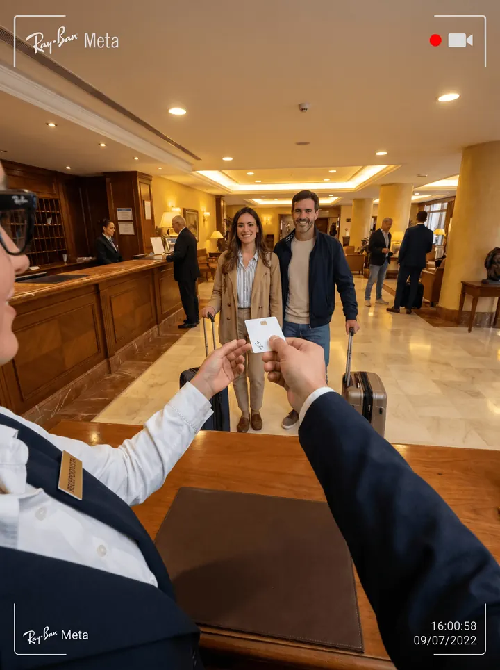 A hotel front desk, with a key card handed to arriving guests