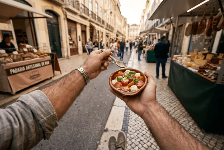 A hand holding a bowl of food on a busy market street