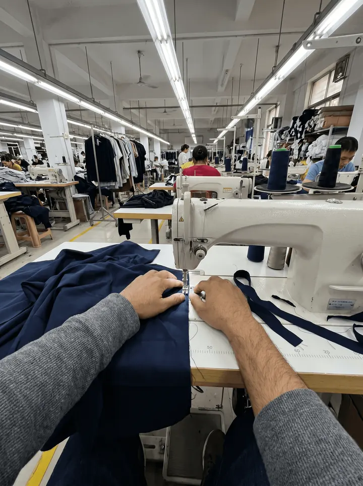 Hands handling fabric at a sewing table in a garment workshop