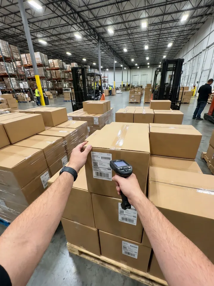 A warehouse floor with stacked boxes, shelving and forklifts