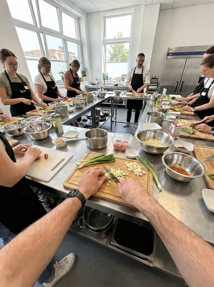 A hands-on cooking workshop, people chopping vegetables at steel tables